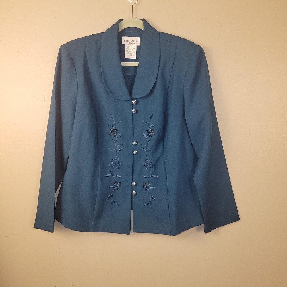 Vintage Miss Dorby Women's Blazer Jacket Teal Blue Embroidered‎ Floral Size 18